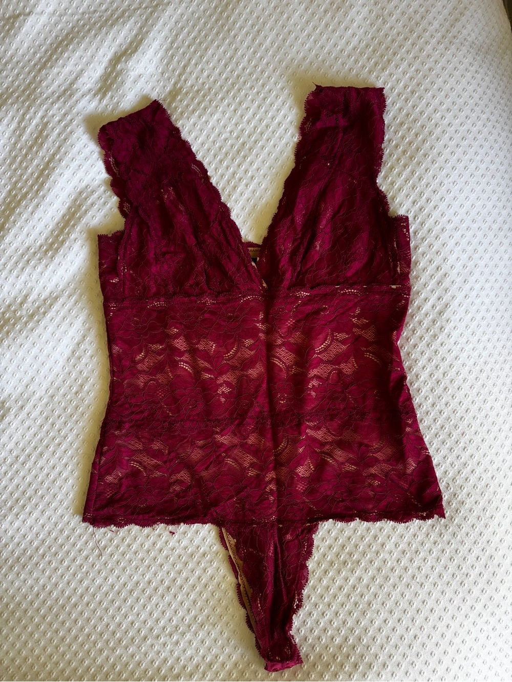 ANGL Lace Plunge Chemise Bodysuit in Burgundy